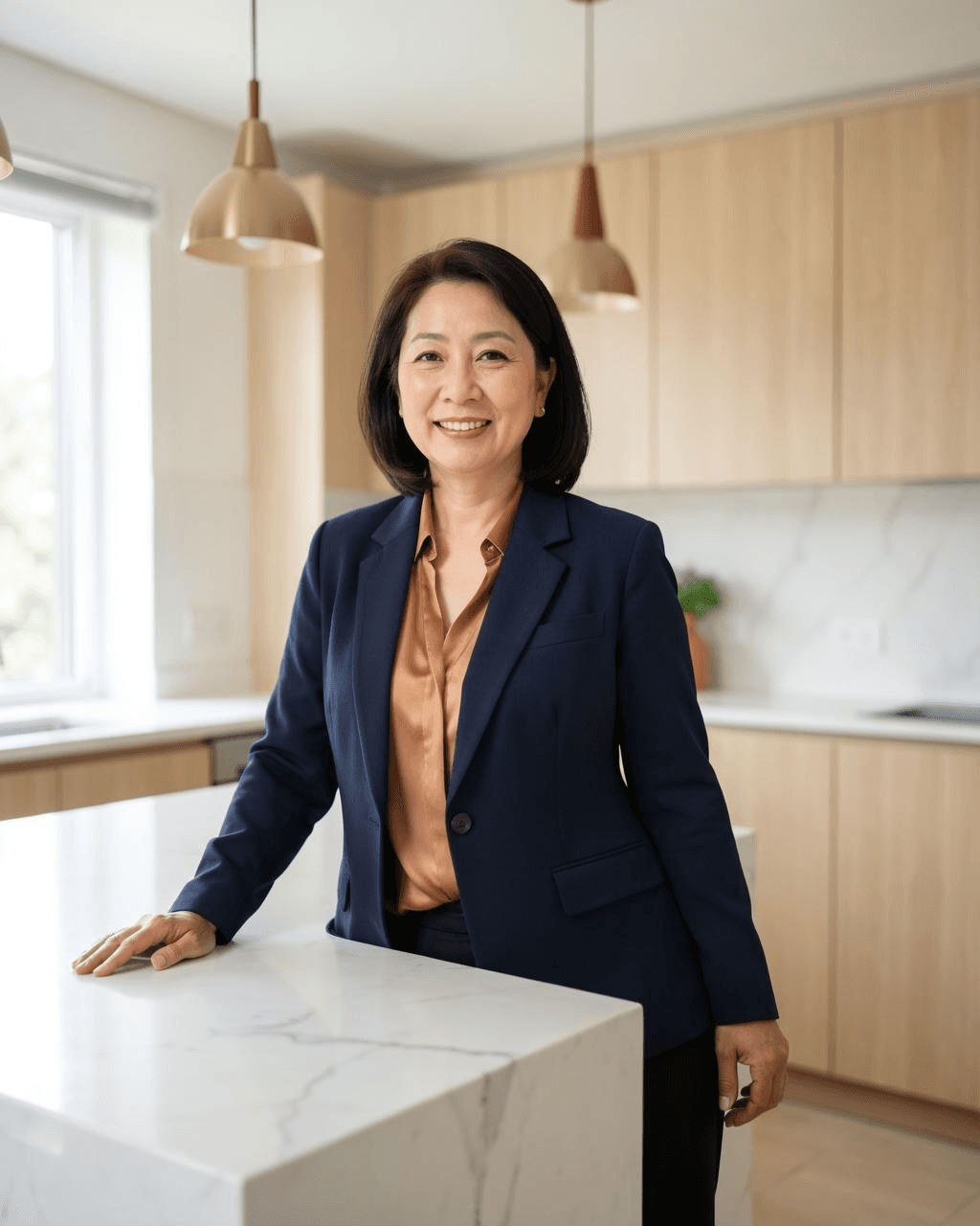 Real estate agent leaning on a kitchen island in a staged home