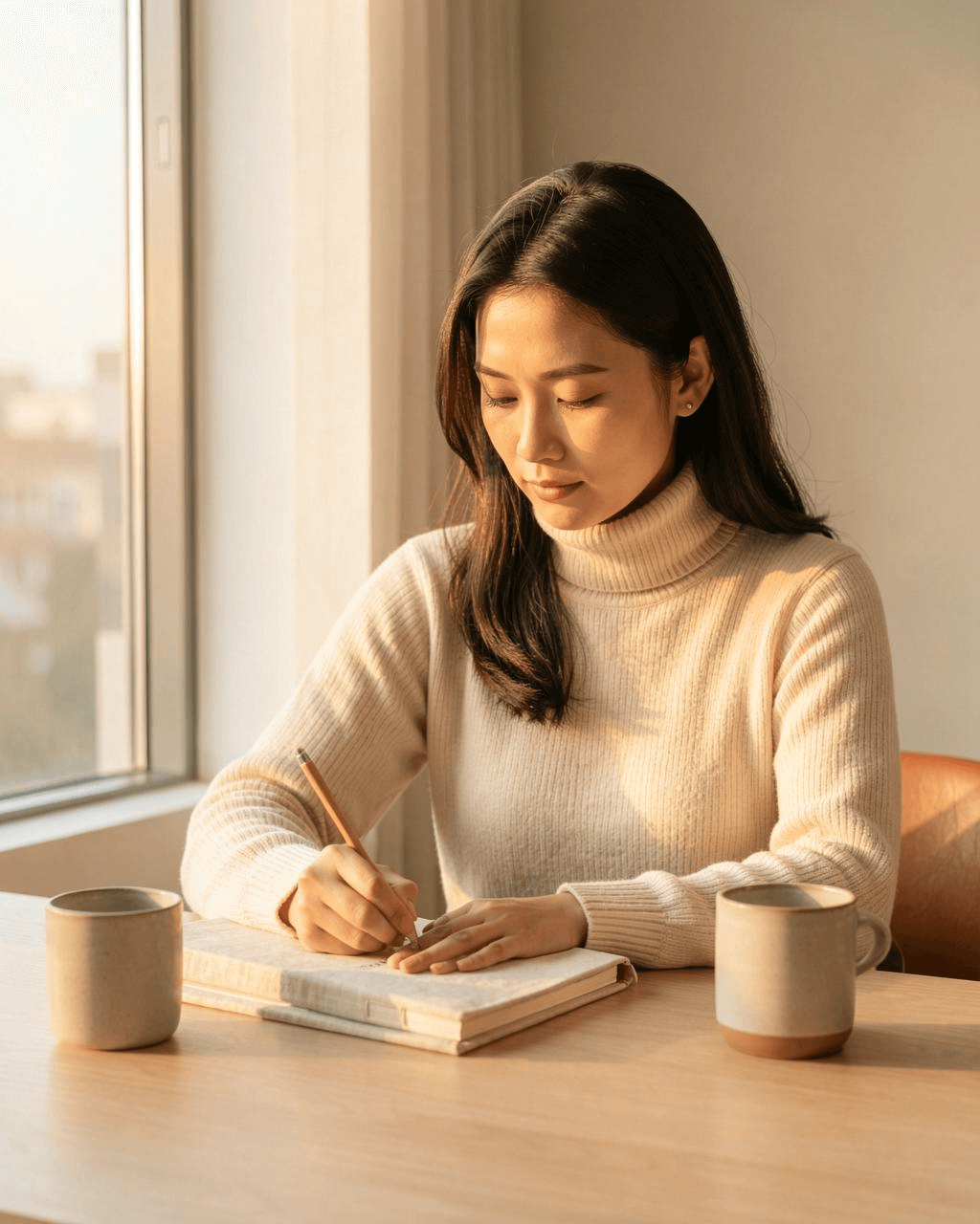 Woman writing in a planner by a sunrise window