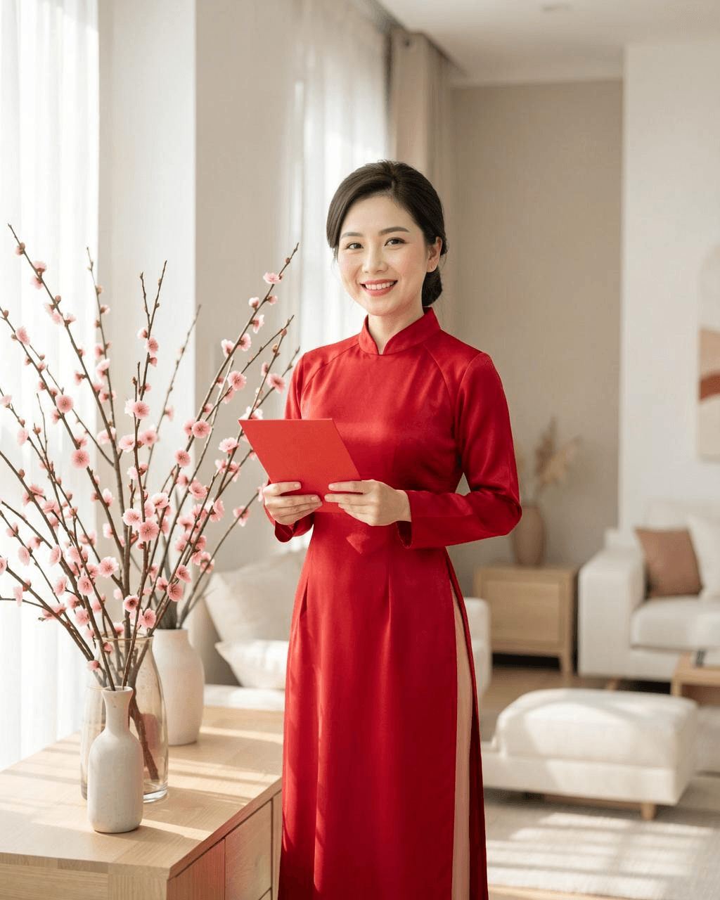Woman in a modern áo dài beside peach blossoms