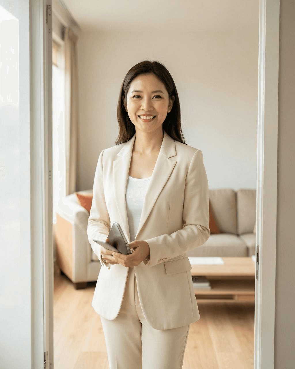 Real estate agent smiling in the doorway of a bright modern apartment