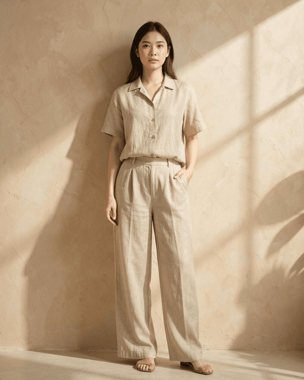 Woman wearing a beige linen two-piece set against a warm plaster wall