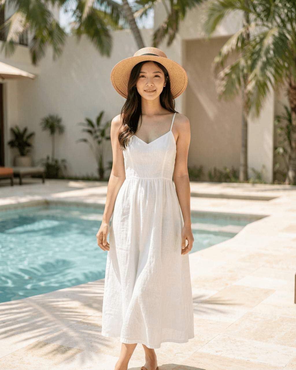 Model on a sunny pool terrace in a linen dress