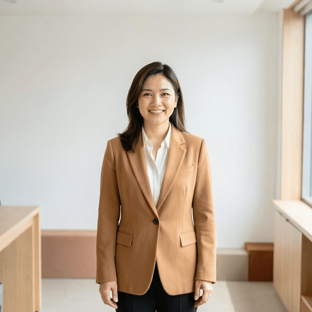 Professional woman in a bright office, shown in four social media formats