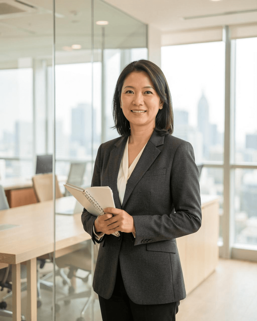 Professional woman in a bright glass-walled office