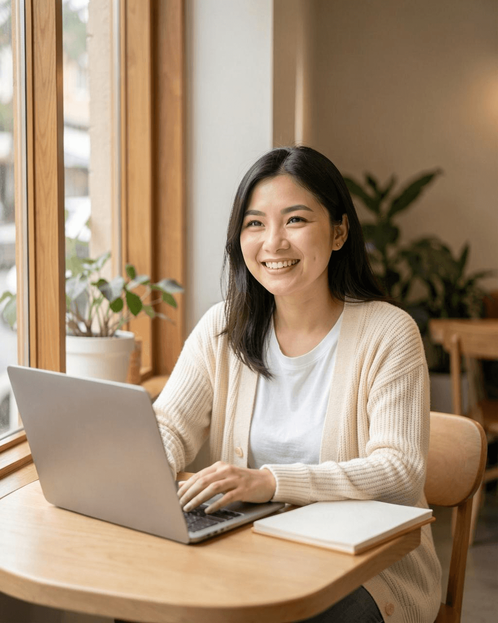 Consultant at a café table by the window