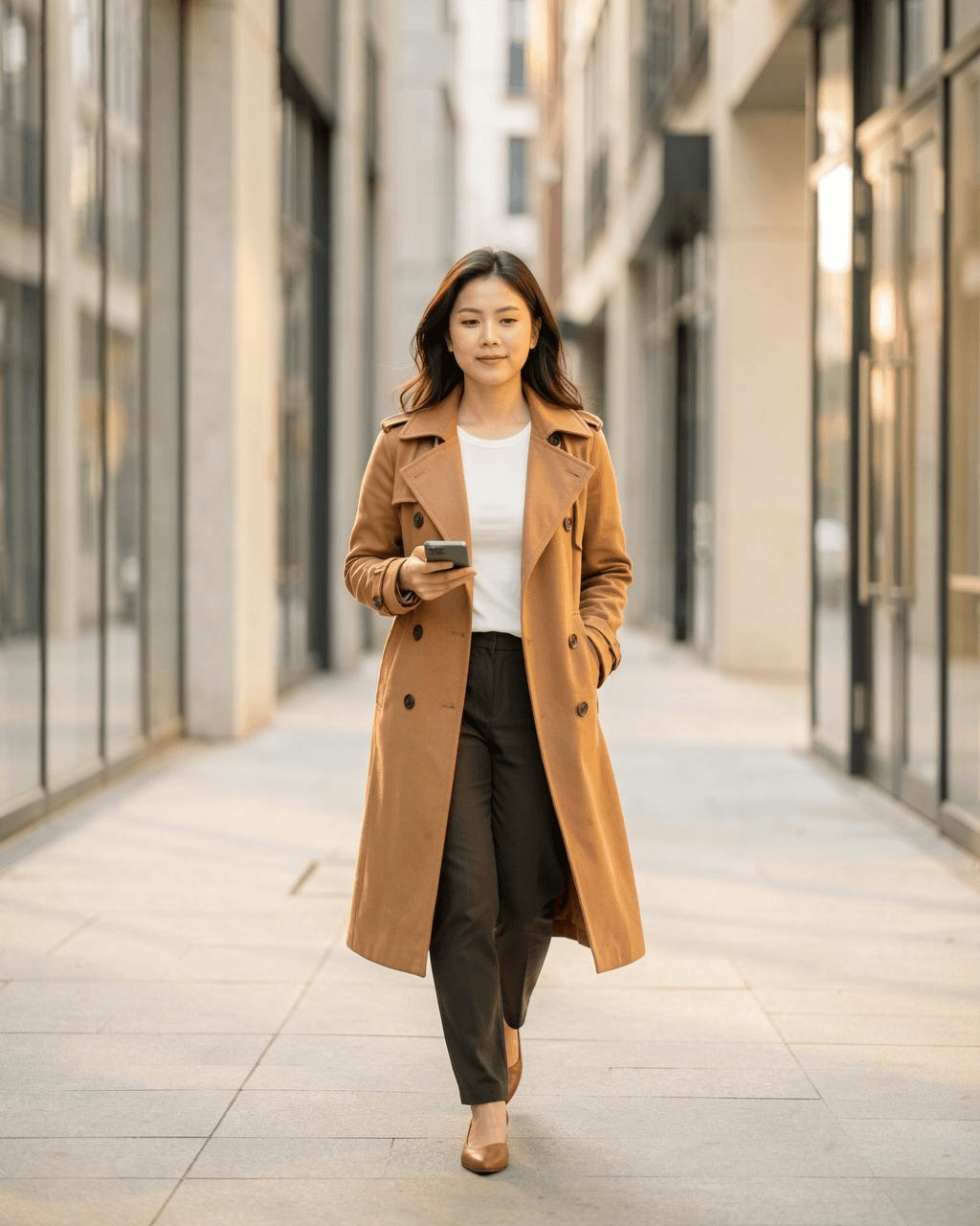 Woman walking on a modern street at golden hour