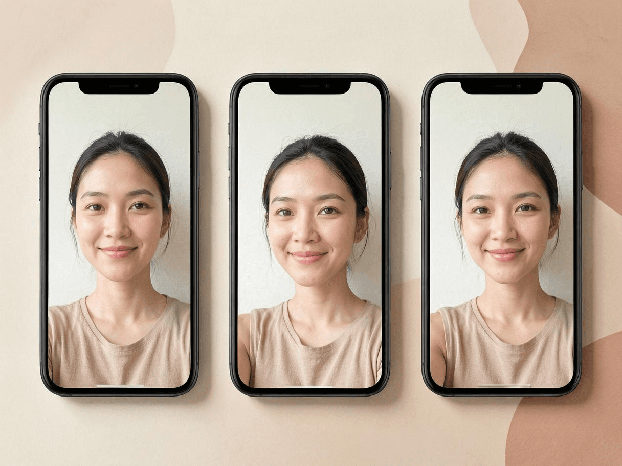 Three casual smartphone selfies of the same woman from slightly different angles