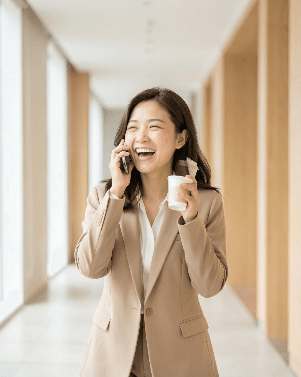 Professional on a phone call walking with a coffee