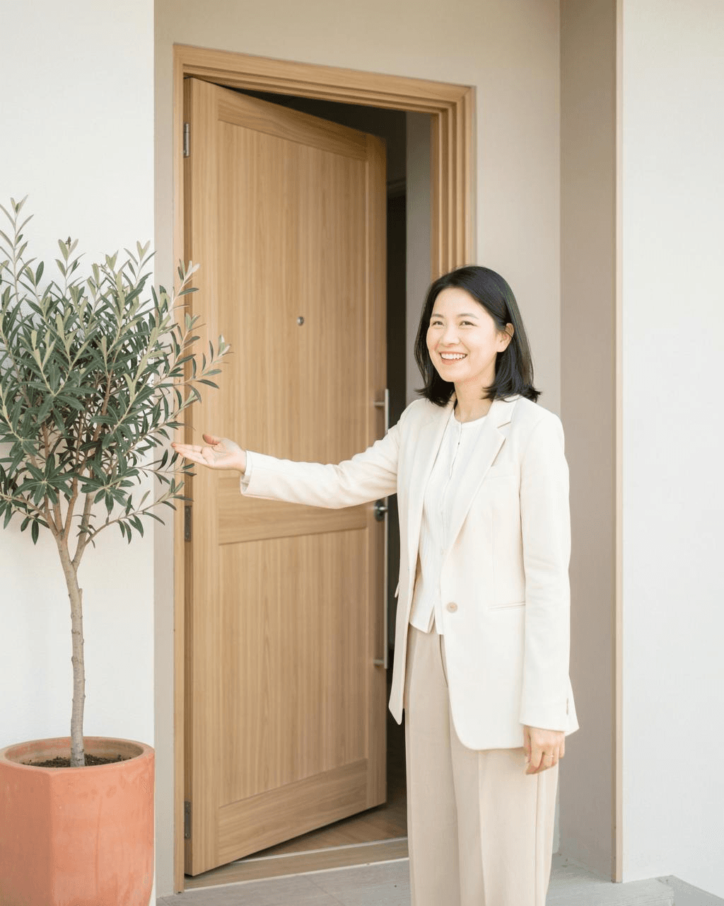 Agent welcoming at the front door of a modern home