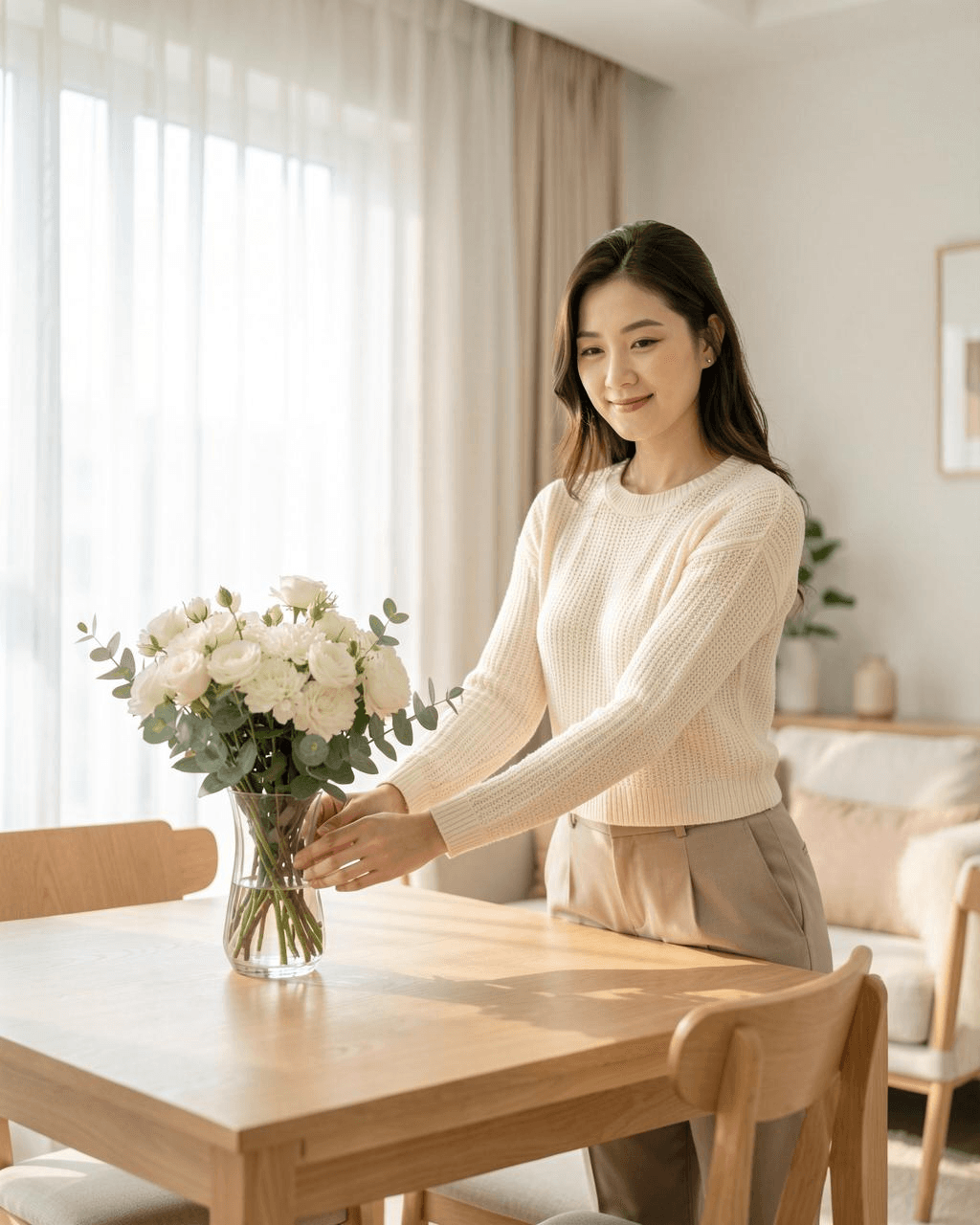Agent arranging flowers in a staged dining room