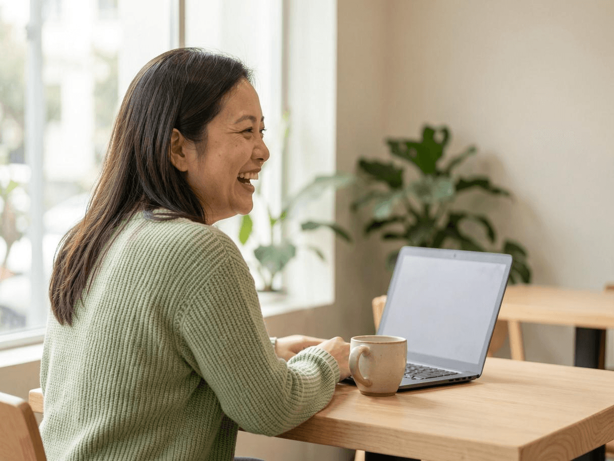 Business coach laughing while working on a laptop in a sunlit café