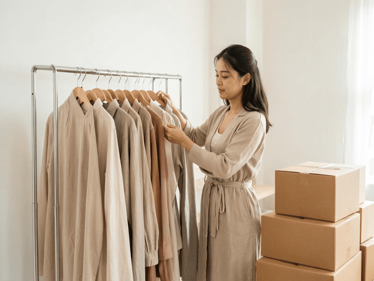 Online shop owner arranging clothes on a rail in her bright home studio