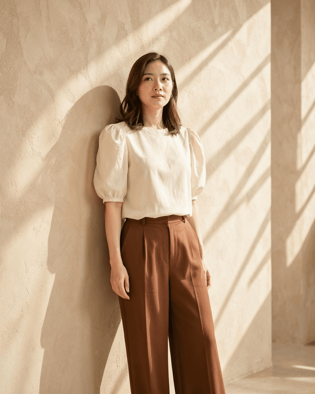 Model against a warm plaster wall in a cream blouse