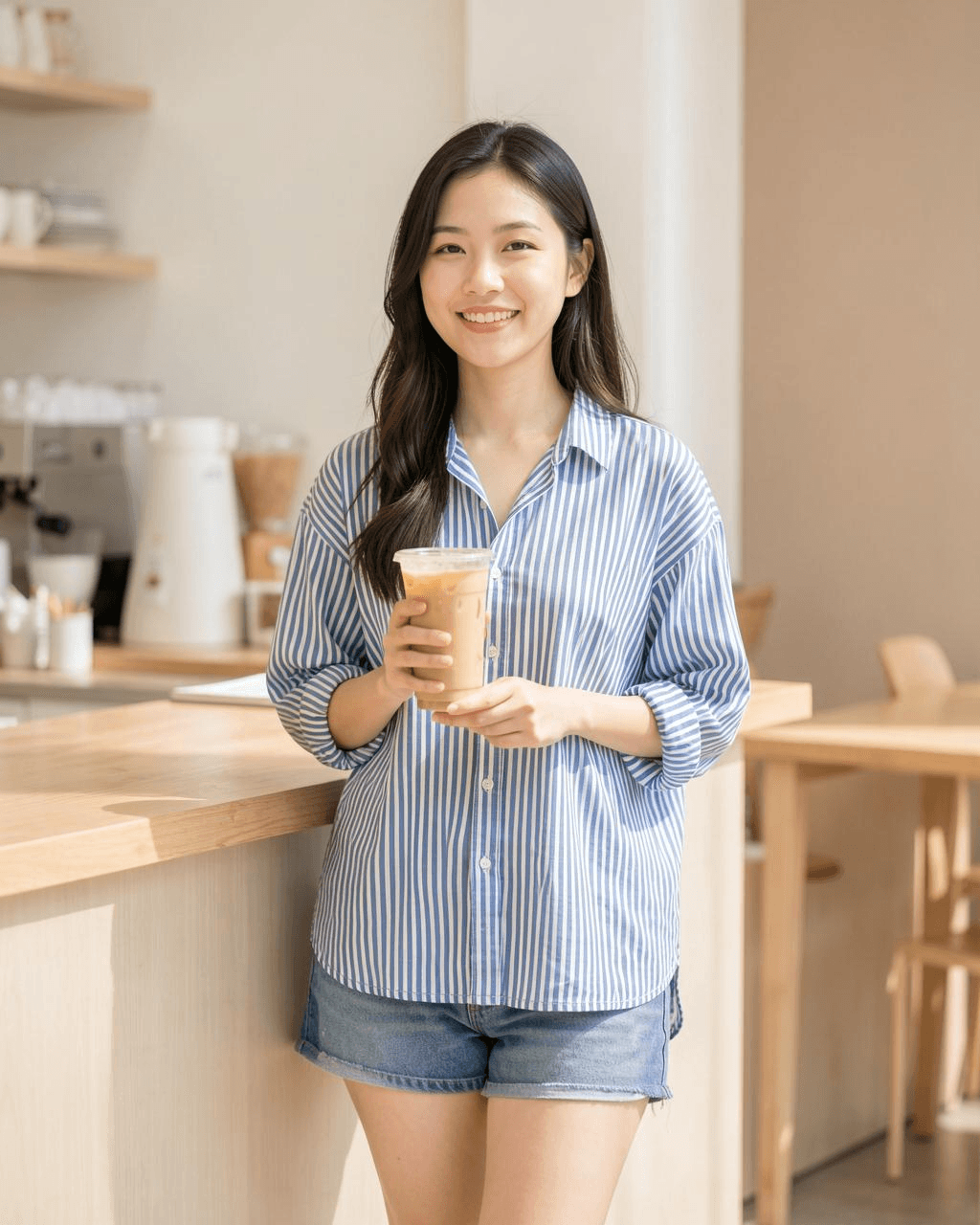 Model in a café wearing a striped shirt