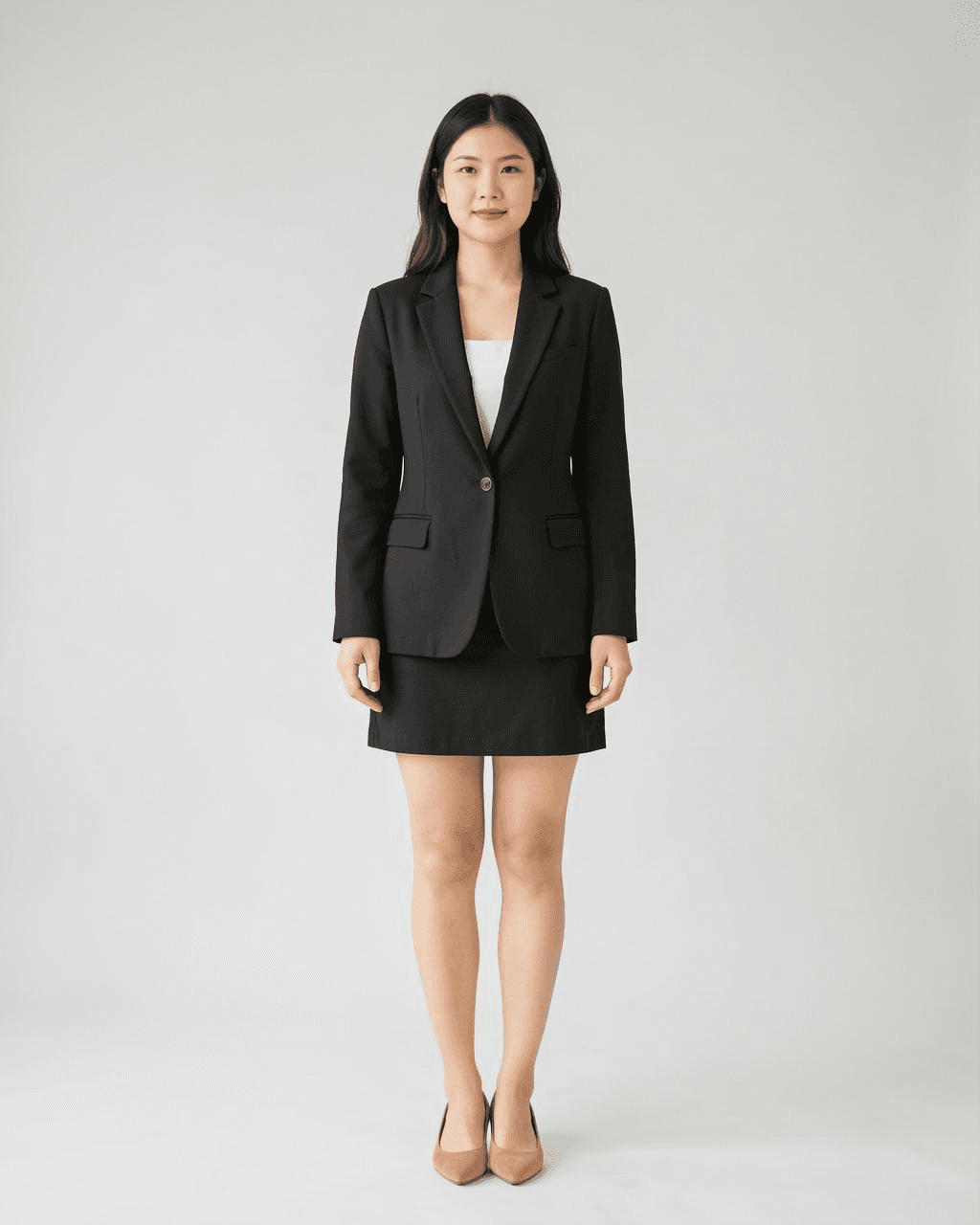 Model in a white studio wearing a black blazer dress