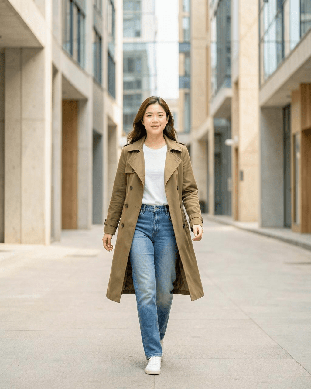 Model walking on a clean city street in a trench coat
