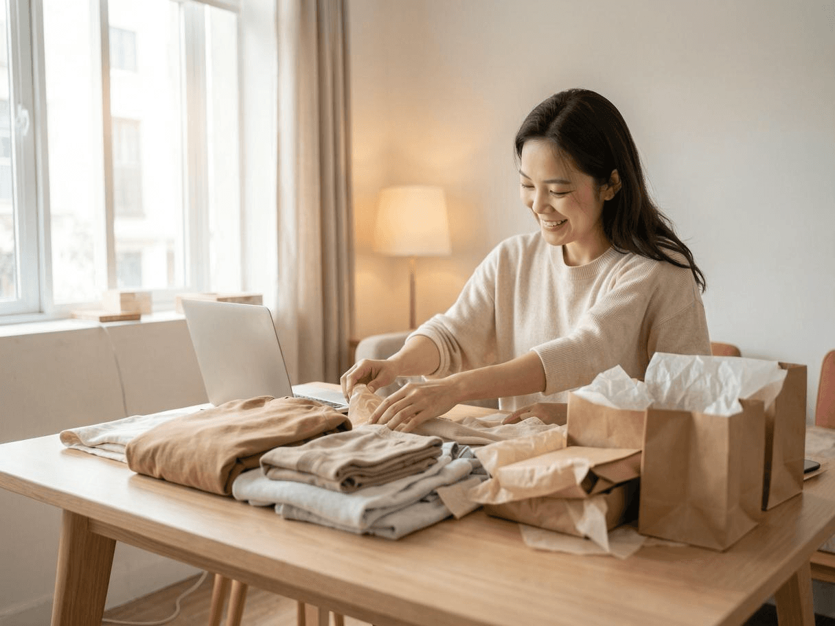 Shop owner packing orders at a table full of clothes