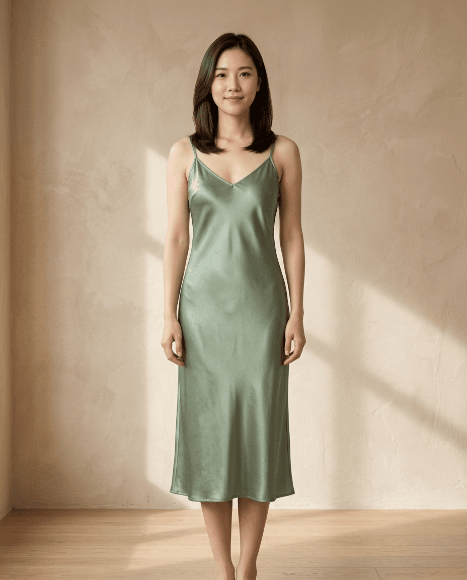 Studio model Vy wearing the same sage green satin slip dress