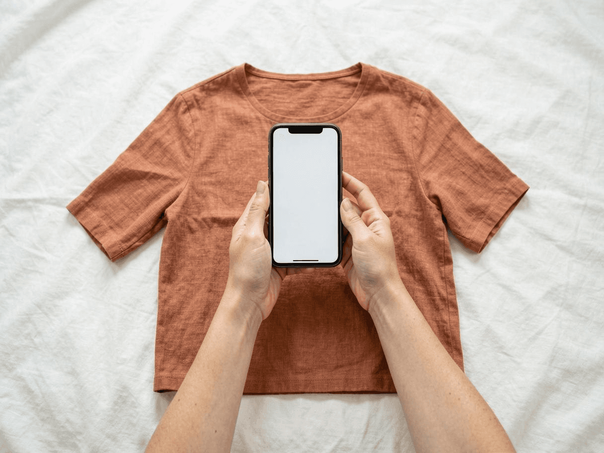 Hands photographing a folded top with a smartphone